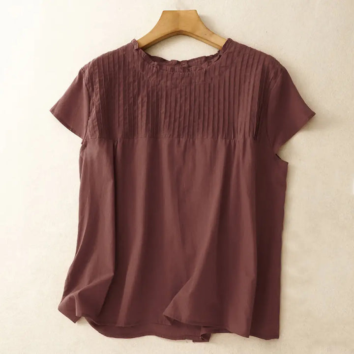 Buddha Stones Summer Pure Color Ruffled Pleated Design Women’s Cotton Short Sleeve Shirt - DarkRed / US4，UK/AU8，EU36