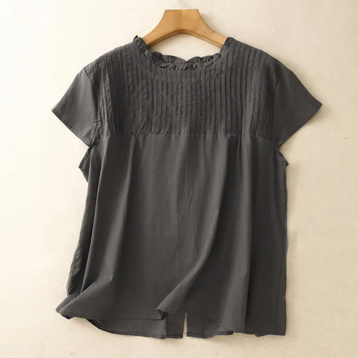 Buddha Stones Summer Pure Color Ruffled Pleated Design Women’s Cotton Short Sleeve Shirt - DarkSlateGray