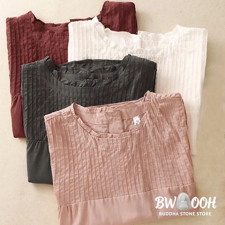 Buddha Stones Summer Pure Color Ruffled Pleated Design Women’s Cotton Short Sleeve Shirt - Women’s Shirts