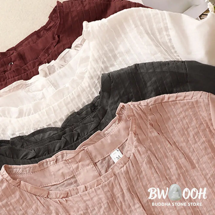 Buddha Stones Summer Pure Color Ruffled Pleated Design Women’s Cotton Short Sleeve Shirt - Women’s Shirts