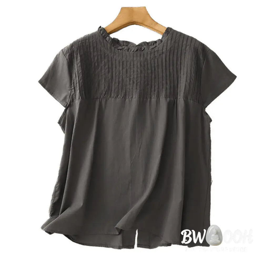Buddha Stones Summer Pure Color Ruffled Pleated Design Women’s Cotton Short Sleeve Shirt - Women’s Shirts
