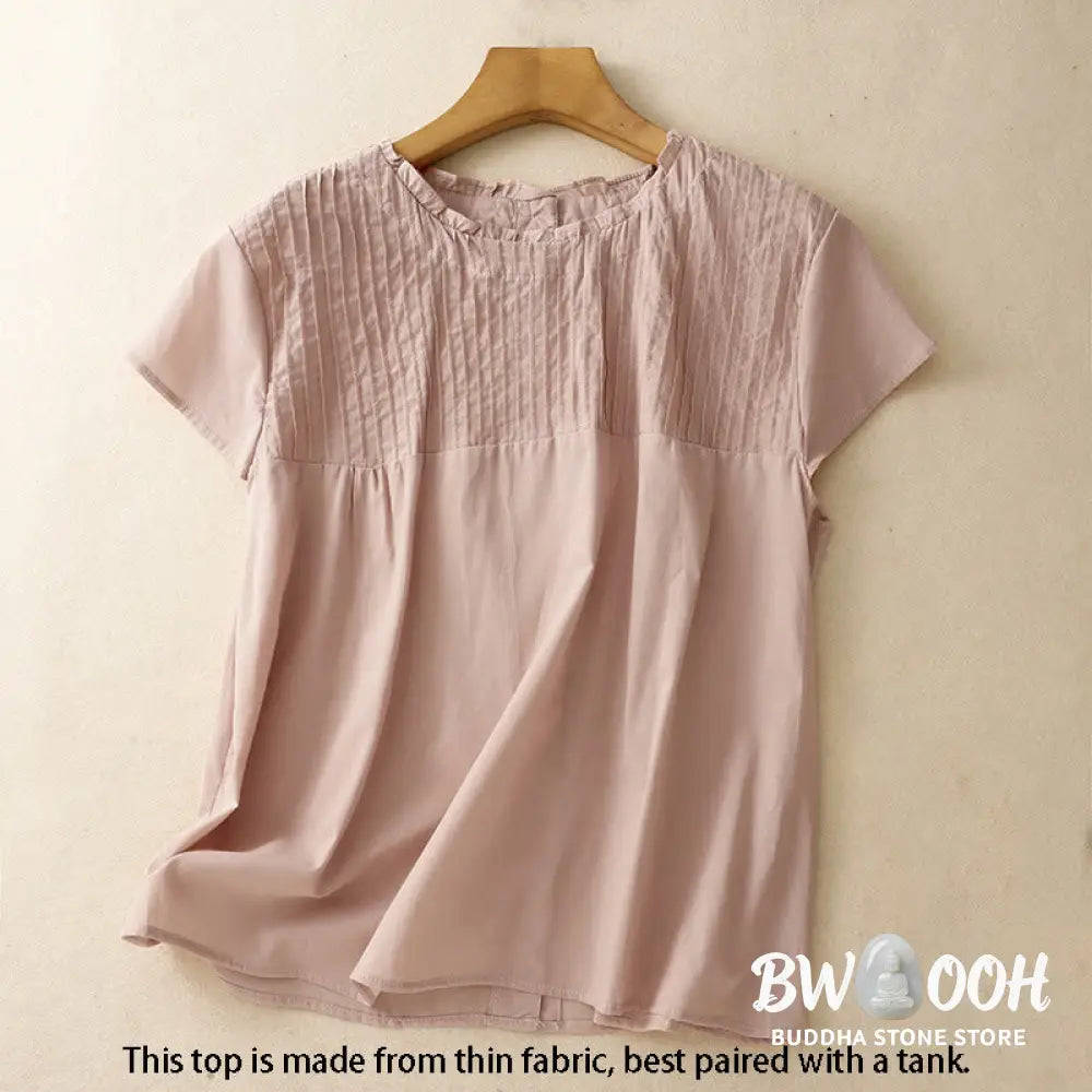 Buddha Stones Summer Pure Color Ruffled Pleated Design Women’s Cotton Short Sleeve Shirt - Women’s Shirts