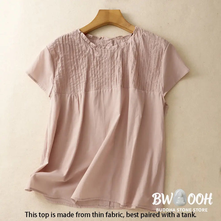 Buddha Stones Summer Pure Color Ruffled Pleated Design Women’s Cotton Short Sleeve Shirt - Women’s Shirts
