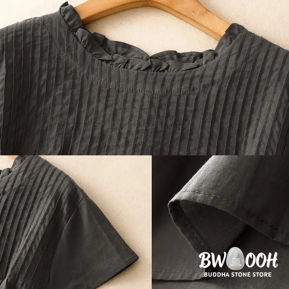 Buddha Stones Summer Pure Color Ruffled Pleated Design Women’s Cotton Short Sleeve Shirt - Women’s Shirts