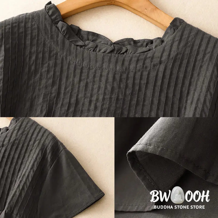 Buddha Stones Summer Pure Color Ruffled Pleated Design Women’s Cotton Short Sleeve Shirt - Women’s Shirts