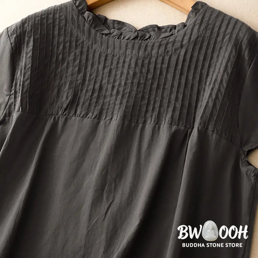 Buddha Stones Summer Pure Color Ruffled Pleated Design Women’s Cotton Short Sleeve Shirt - Women’s Shirts