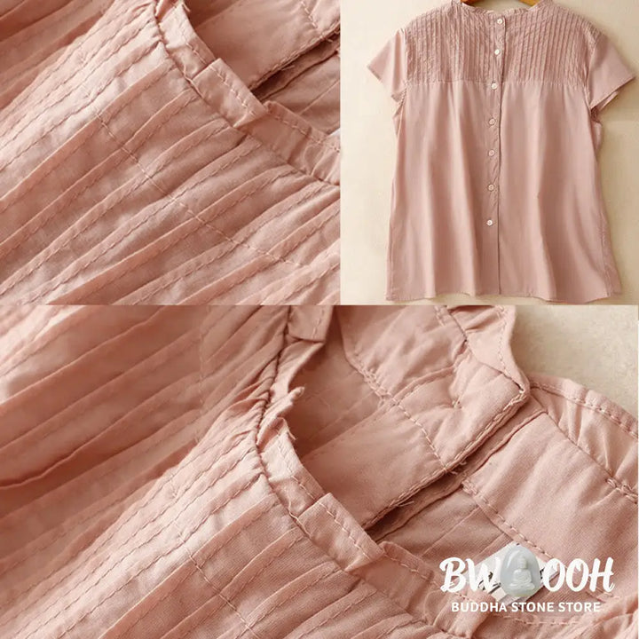 Buddha Stones Summer Pure Color Ruffled Pleated Design Women’s Cotton Short Sleeve Shirt - Women’s Shirts