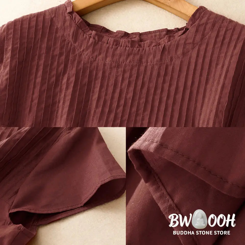 Buddha Stones Summer Pure Color Ruffled Pleated Design Women’s Cotton Short Sleeve Shirt - Women’s Shirts
