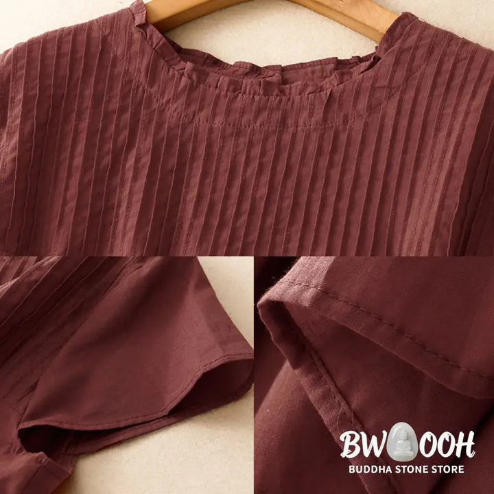 Buddha Stones Summer Pure Color Ruffled Pleated Design Women’s Cotton Short Sleeve Shirt - Women’s Shirts