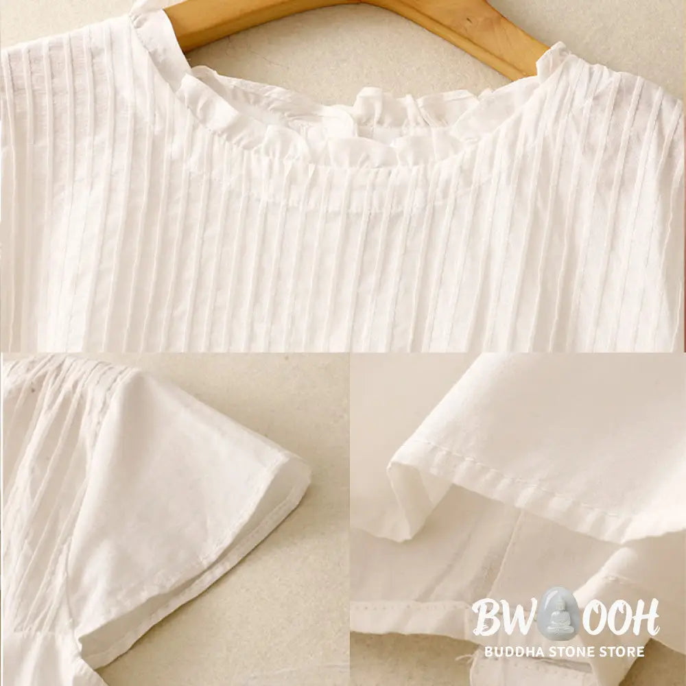 Buddha Stones Summer Pure Color Ruffled Pleated Design Women’s Cotton Short Sleeve Shirt - Women’s Shirts