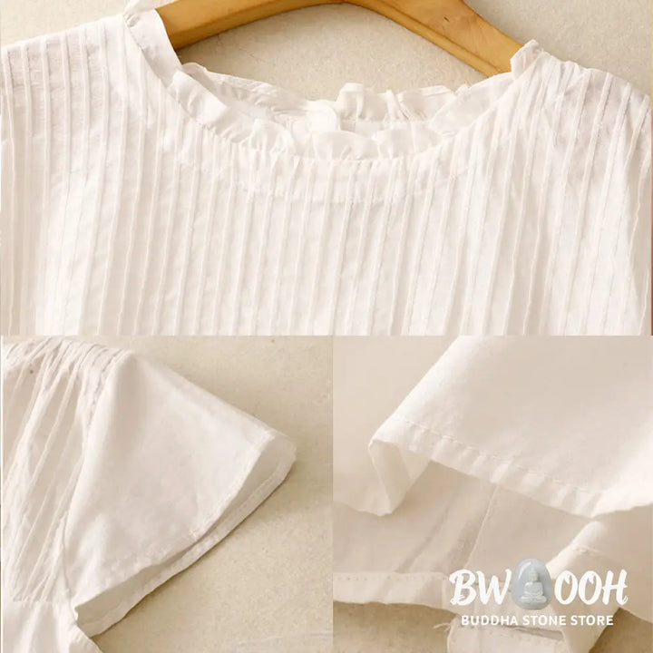 Buddha Stones Summer Pure Color Ruffled Pleated Design Women’s Cotton Short Sleeve Shirt - Women’s Shirts