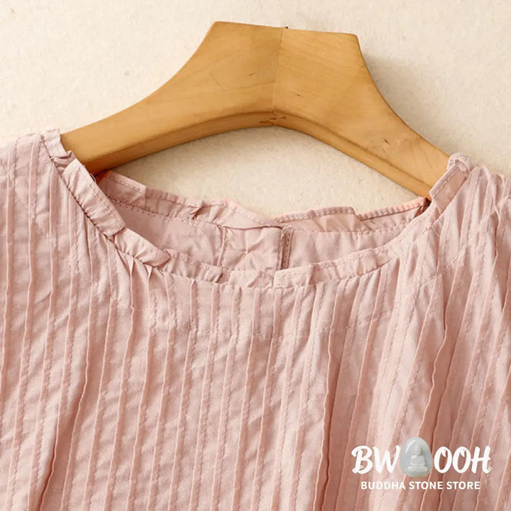 Buddha Stones Summer Pure Color Ruffled Pleated Design Women’s Cotton Short Sleeve Shirt - Women’s Shirts