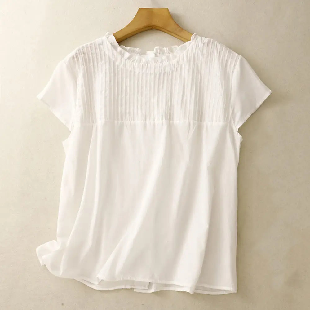 Buddha Stones Summer Pure Color Ruffled Pleated Design Women’s Cotton Short Sleeve Shirt - White / US4，UK/AU8，EU36 (M)