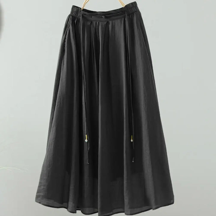Buddha Stones Summer Retro Pure Color Tassel Design Women’s Skirt With Pockets - Black / US4，UK/AU8，EU36 (M) - Skirt