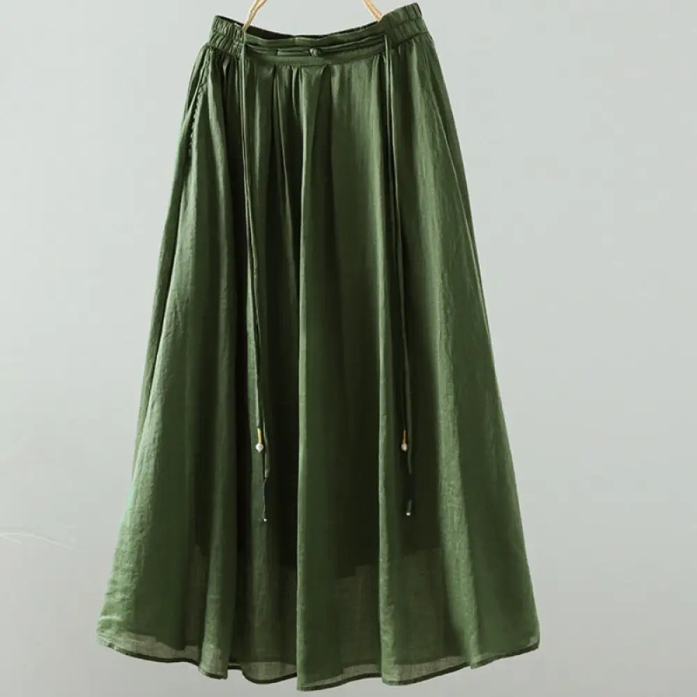 Buddha Stones Summer Retro Pure Color Tassel Design Women’s Skirt With Pockets - ForestGreen / US4，UK/AU8，EU36 (M)