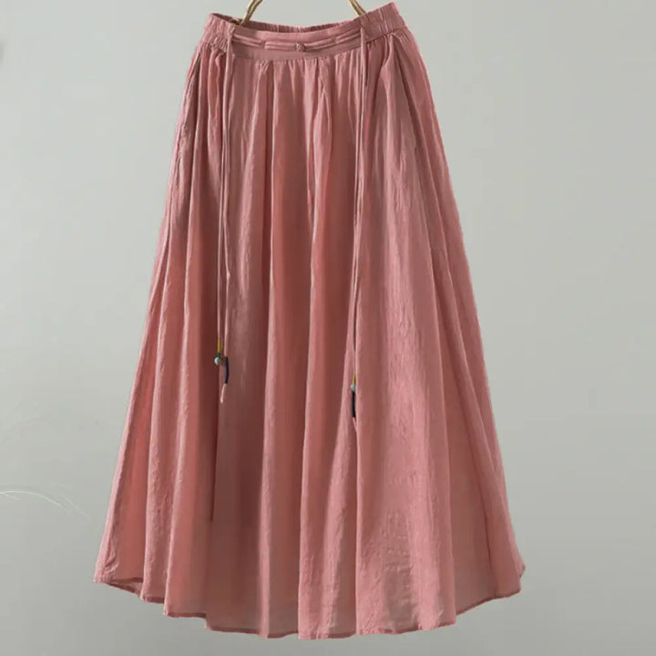 Buddha Stones Summer Retro Pure Color Tassel Design Women’s Skirt With Pockets - Salmon / US4，UK/AU8，EU36 (M) - Skirt