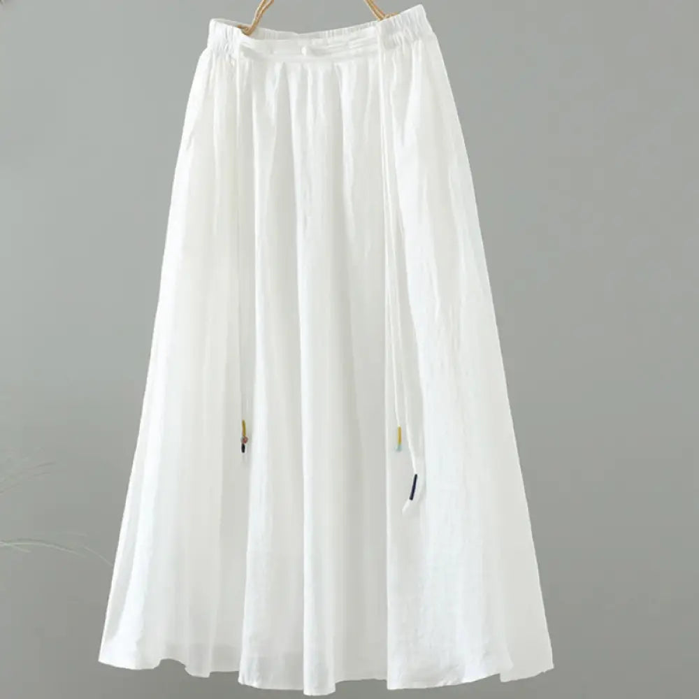 Buddha Stones Summer Retro Pure Color Tassel Design Women’s Skirt With Pockets - White / US4，UK/AU8，EU36 (M) - Skirt