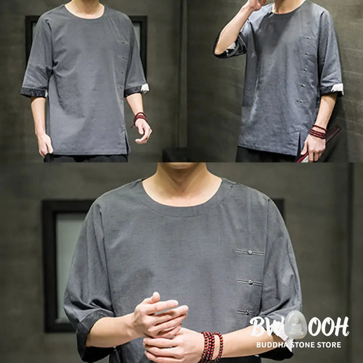 Buddha Stones Summer Retro Solid Color Patchwork Design Men’s Three Quarter Sleeve Cotton Linen T-Shirt - Men’s T-Shirt