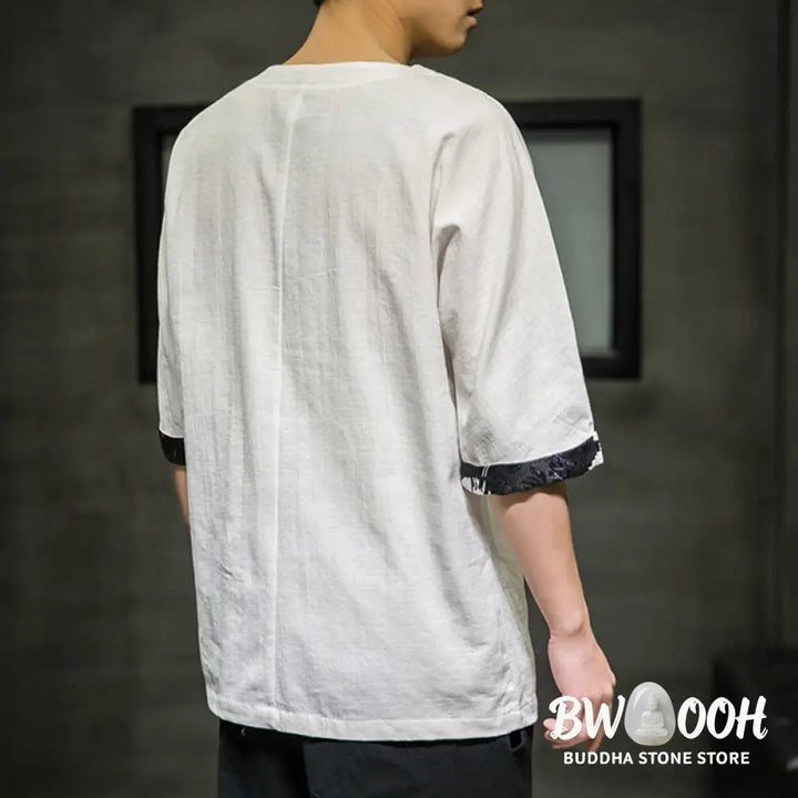 Buddha Stones Summer Retro Solid Color Patchwork Design Men’s Three Quarter Sleeve Cotton Linen T-Shirt - Men’s T-Shirt