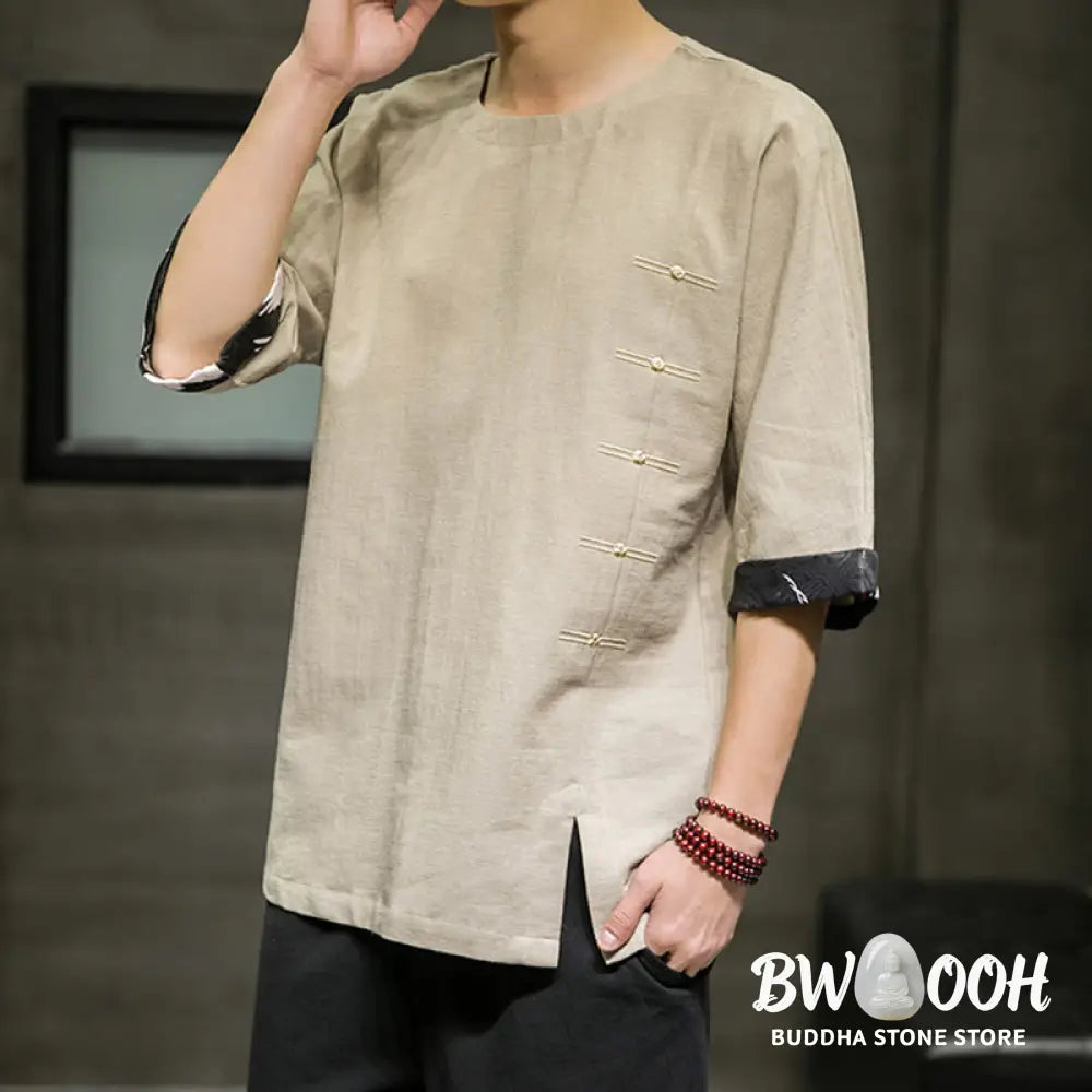 Buddha Stones Summer Retro Solid Color Patchwork Design Men’s Three Quarter Sleeve Cotton Linen T-Shirt - Men’s T-Shirt