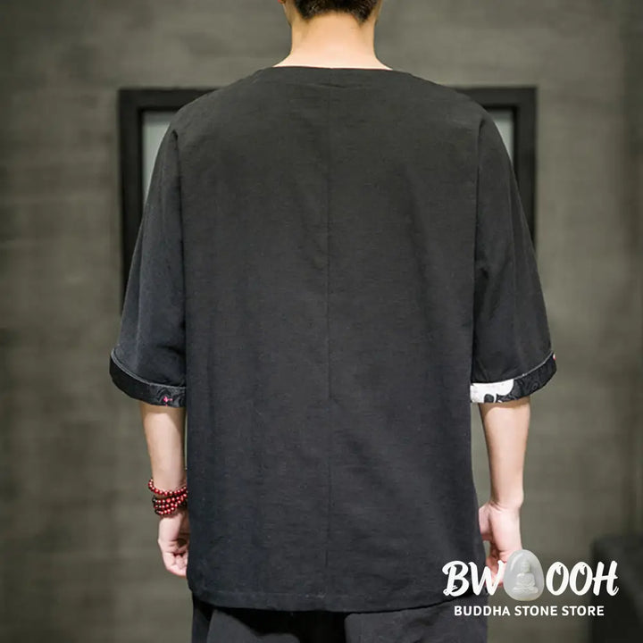 Buddha Stones Summer Retro Solid Color Patchwork Design Men’s Three Quarter Sleeve Cotton Linen T-Shirt - Men’s T-Shirt