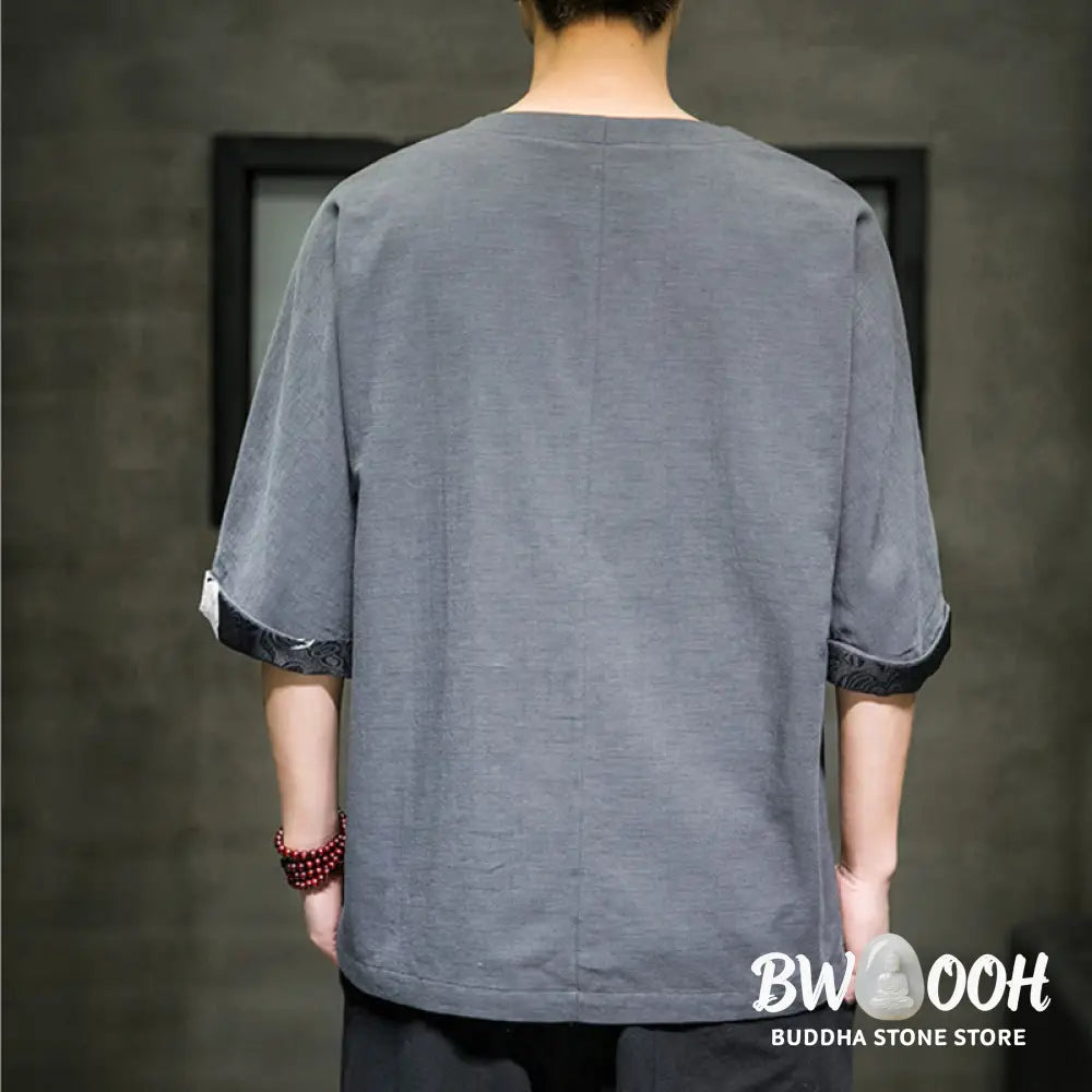 Buddha Stones Summer Retro Solid Color Patchwork Design Men’s Three Quarter Sleeve Cotton Linen T-Shirt - Men’s T-Shirt