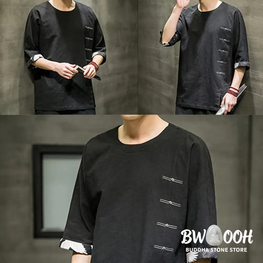 Buddha Stones Summer Retro Solid Color Patchwork Design Men’s Three Quarter Sleeve Cotton Linen T-Shirt - Men’s T-Shirt