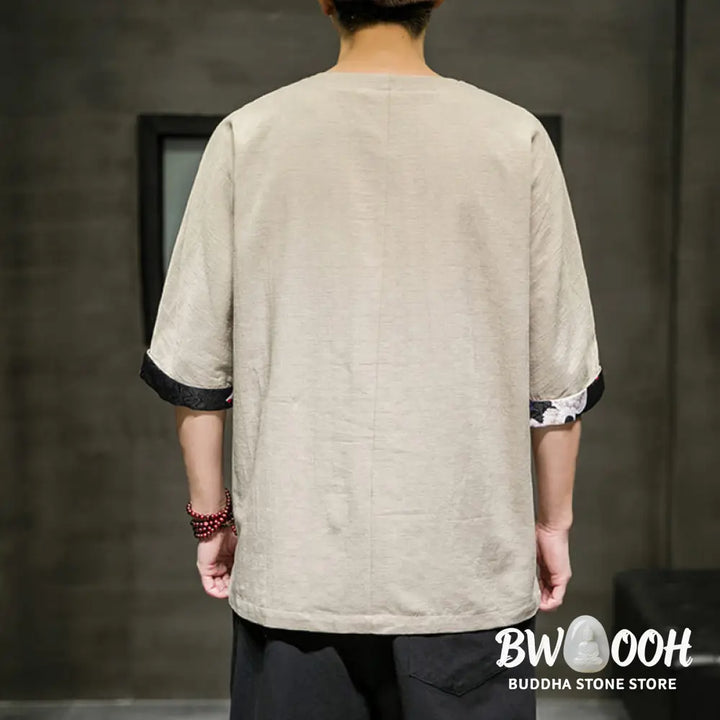 Buddha Stones Summer Retro Solid Color Patchwork Design Men’s Three Quarter Sleeve Cotton Linen T-Shirt - Men’s T-Shirt