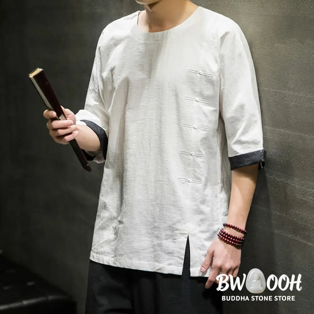 Buddha Stones Summer Retro Solid Color Patchwork Design Men’s Three Quarter Sleeve Cotton Linen T-Shirt - Men’s T-Shirt