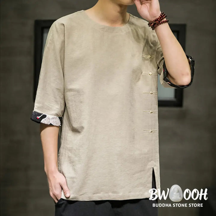 Buddha Stones Summer Retro Solid Color Patchwork Design Men’s Three Quarter Sleeve Cotton Linen T-Shirt - Men’s T-Shirt