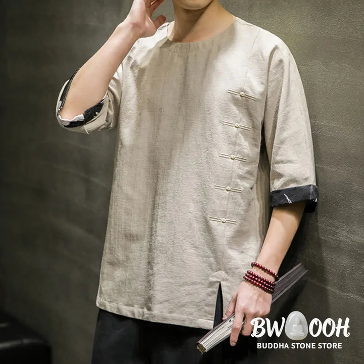 Buddha Stones Summer Retro Solid Color Patchwork Design Men’s Three Quarter Sleeve Cotton Linen T-Shirt - Men’s T-Shirt