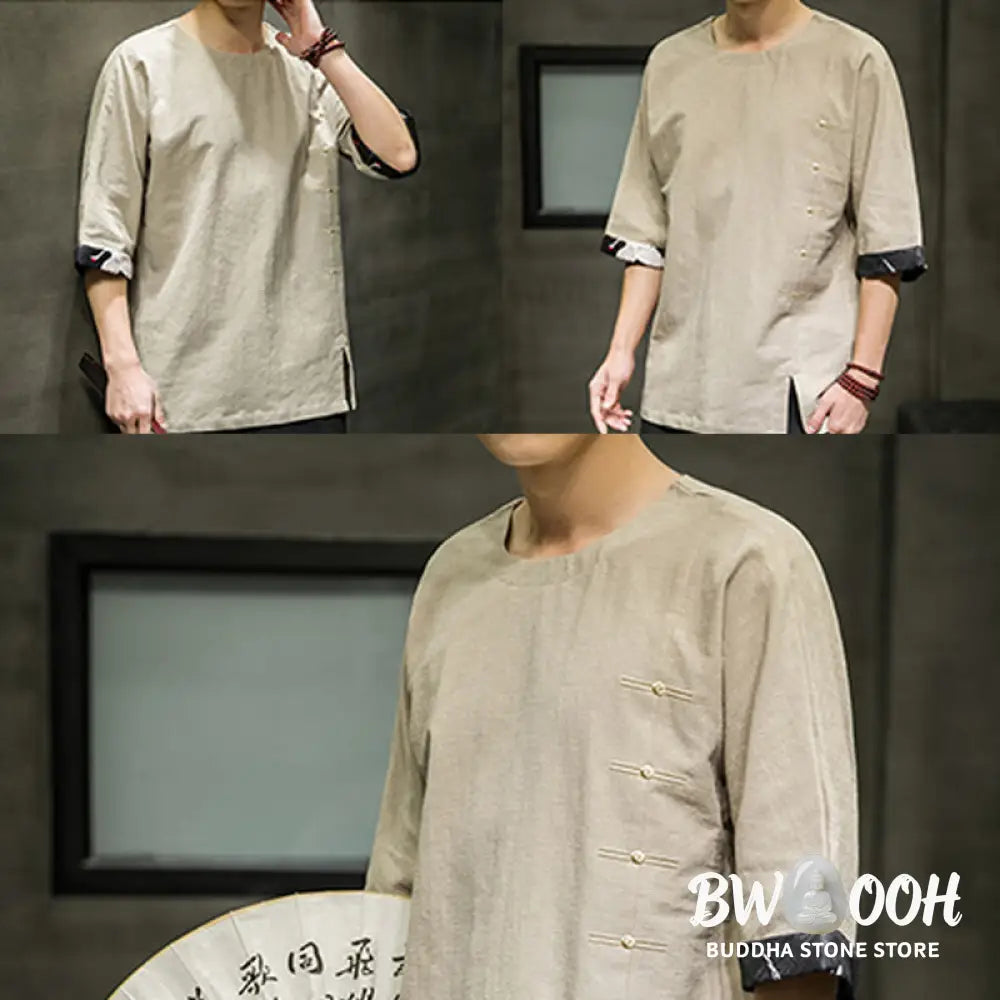 Buddha Stones Summer Retro Solid Color Patchwork Design Men’s Three Quarter Sleeve Cotton Linen T-Shirt - Men’s T-Shirt