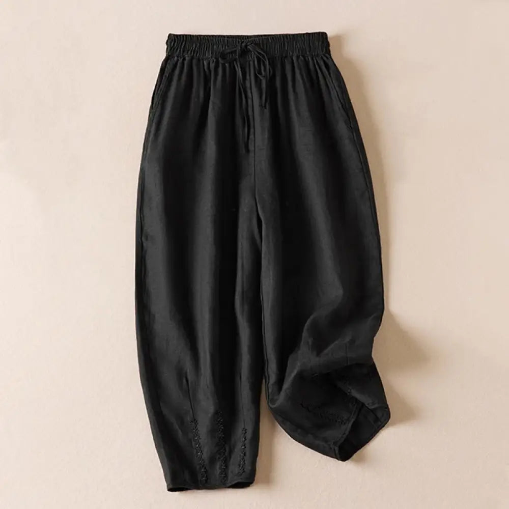 Buddha Stones Summer Small Flower Embroidery Harem Pants With Pockets - Black / US2，UK/AU6，EU34 (M) - Women&