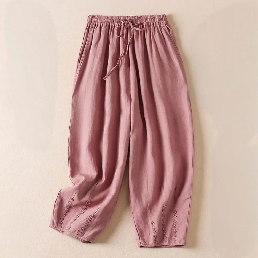 Buddha Stones Summer Small Flower Embroidery Harem Pants With Pockets - LightPink / US2，UK/AU6，EU34 (M) - Women&