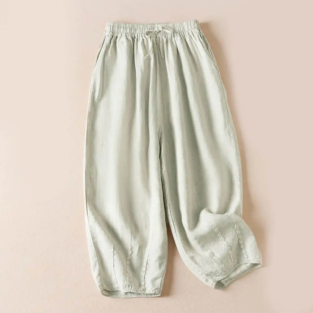 Buddha Stones Summer Small Flower Embroidery Harem Pants With Pockets - Linen / US2，UK/AU6，EU34 (M) - Women&