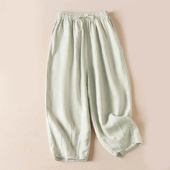 Buddha Stones Summer Small Flower Embroidery Harem Pants With Pockets - Linen / US2，UK/AU6，EU34 (M) - Women&