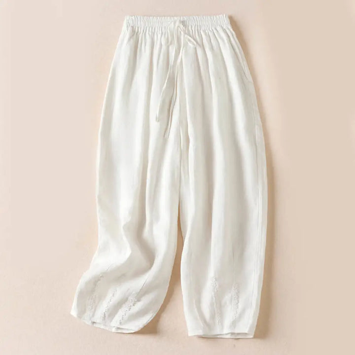 Buddha Stones Summer Small Flower Embroidery Harem Pants With Pockets - White / US2，UK/AU6，EU34 (M) - Women&