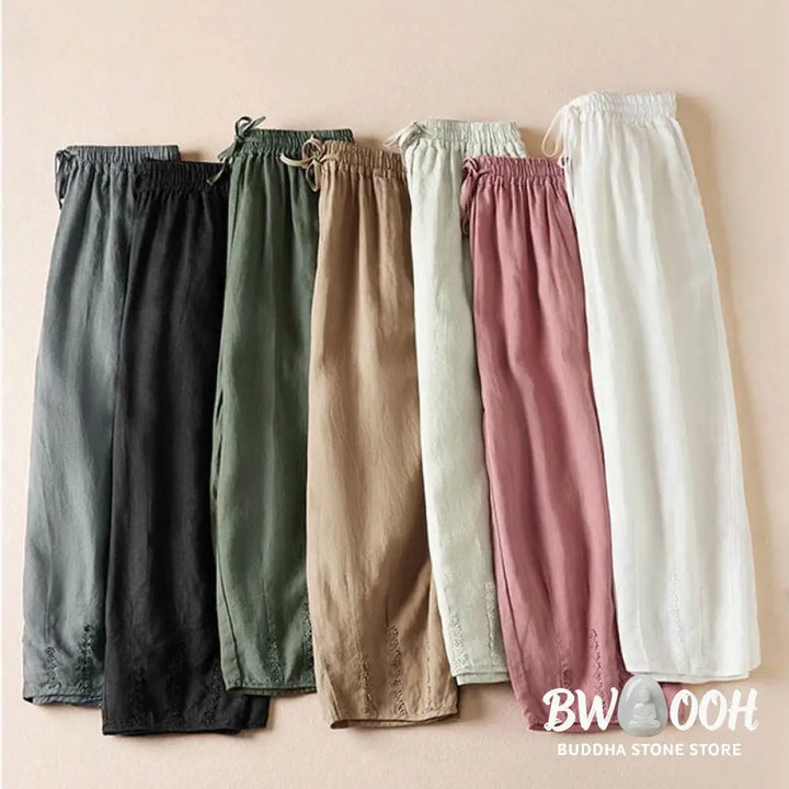 Buddha Stones Summer Small Flower Embroidery Harem Pants With Pockets - Women&