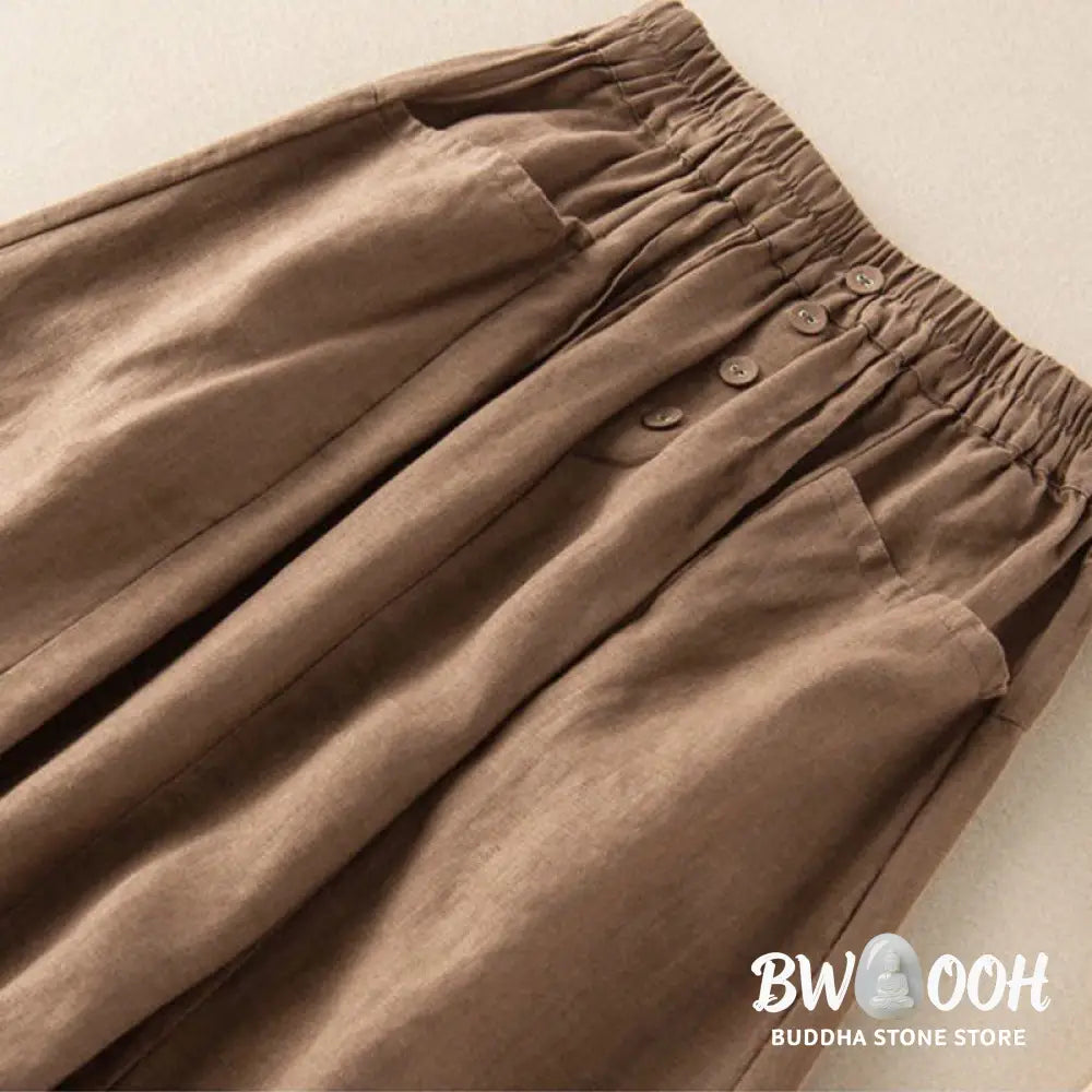 Buddha Stones Summer Solid Button Elastic Waist 7-8 Length Women’s Skirt With Pockets - Skirt