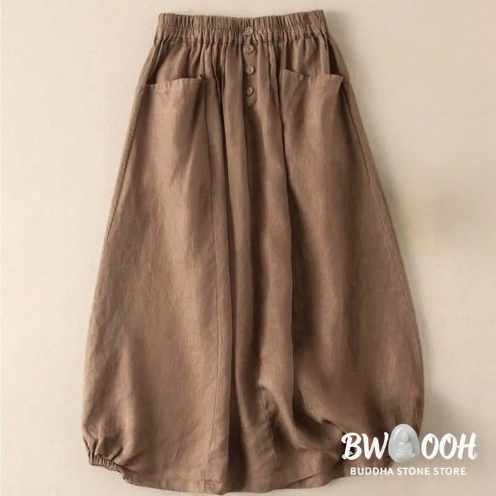 Buddha Stones Summer Solid Button Elastic Waist 7-8 Length Women’s Skirt With Pockets - Skirt