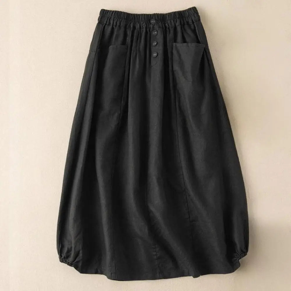 Buddha Stones Summer Solid Button Elastic Waist 7-8 Length Women’s Skirt With Pockets - Black / US4，UK/AU8，EU36 (L)