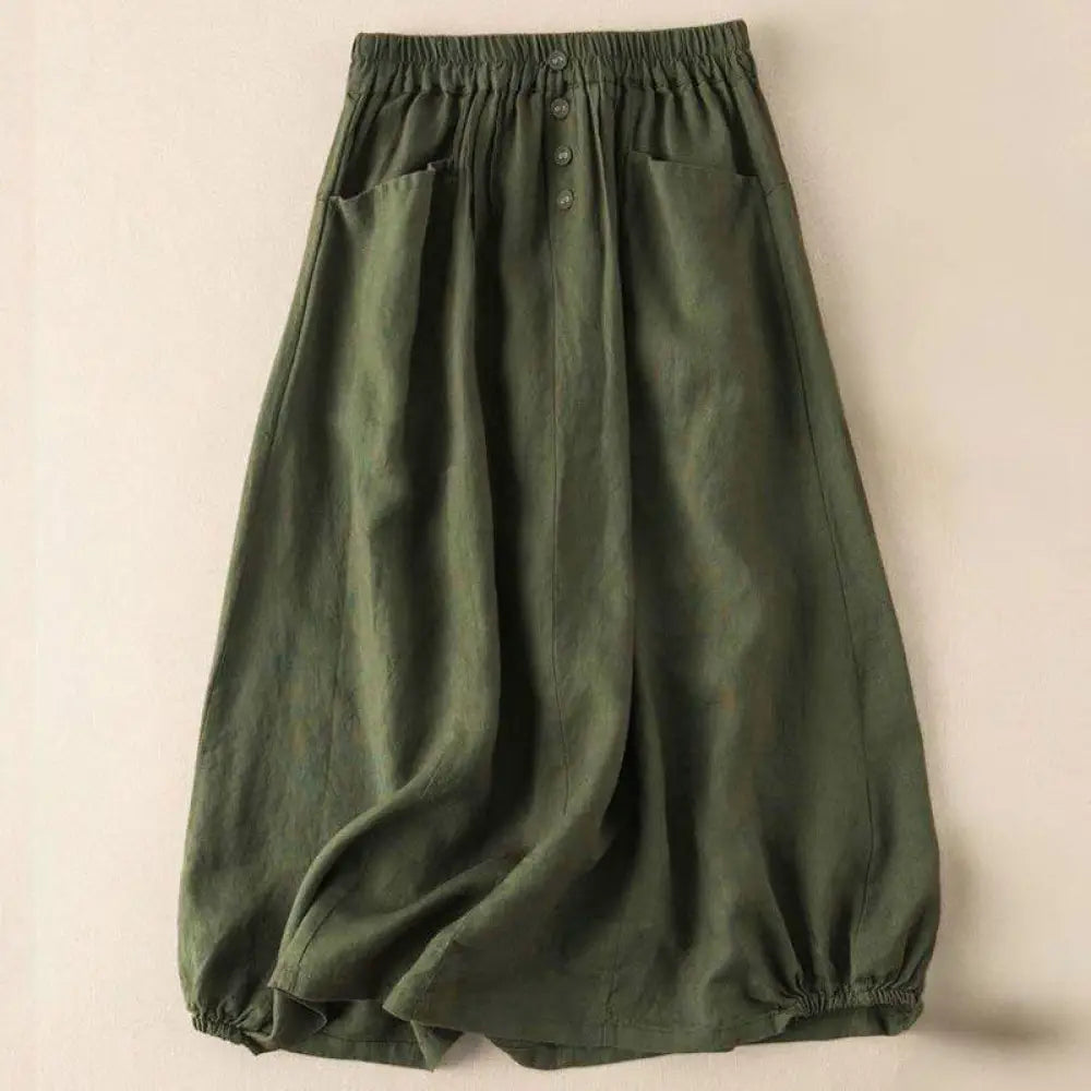 Buddha Stones Summer Solid Button Elastic Waist 7-8 Length Women’s Skirt With Pockets - DarkOliveGreen