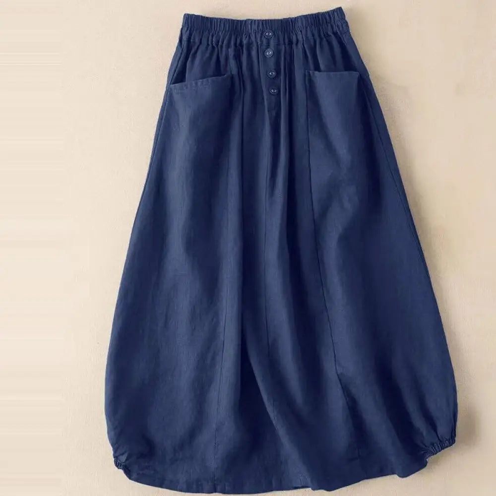 Buddha Stones Summer Solid Button Elastic Waist 7-8 Length Women’s Skirt With Pockets - Navy / US4，UK/AU8，EU36 (L)