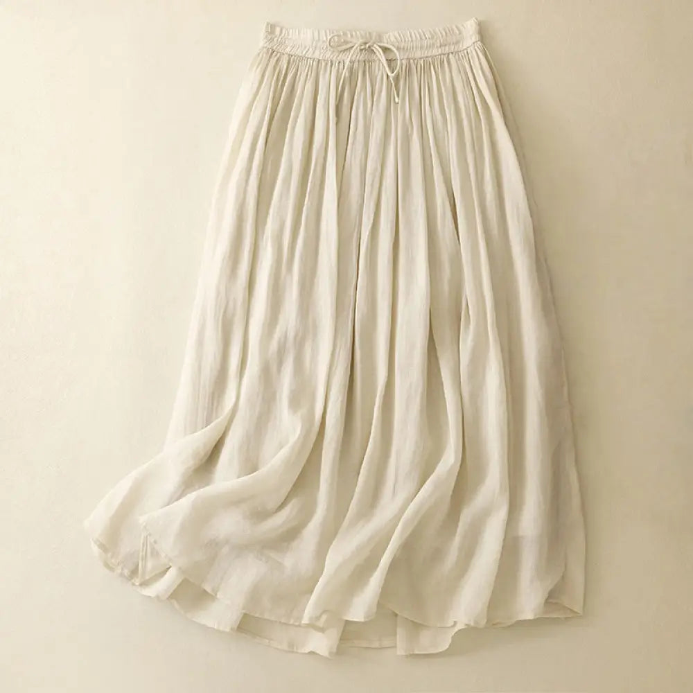 Buddha Stones Summer Solid Color Elastic Waist Drawstring Women’s Skirt - Beige / US4，UK/AU8，EU36 (L) - Skirt