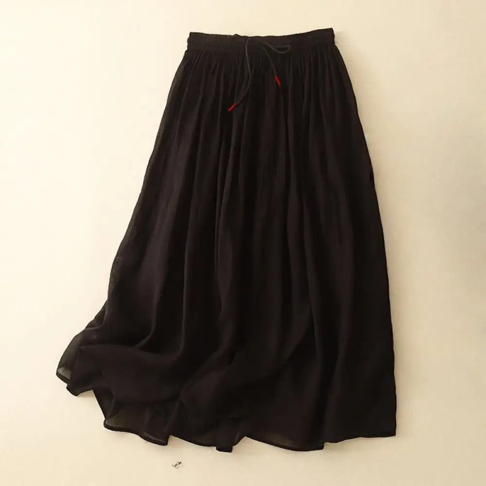 Buddha Stones Summer Solid Color Elastic Waist Drawstring Women’s Skirt - Black / US4，UK/AU8，EU36 (L) - Skirt