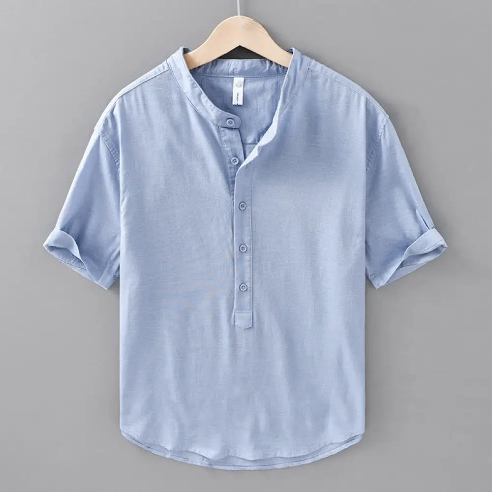 Buddha Stones Summer Solid Color Men’s Half Button Short Sleeve Cotton Linen Shirt - LightSteelBlue / US/UK/AU38，EU48