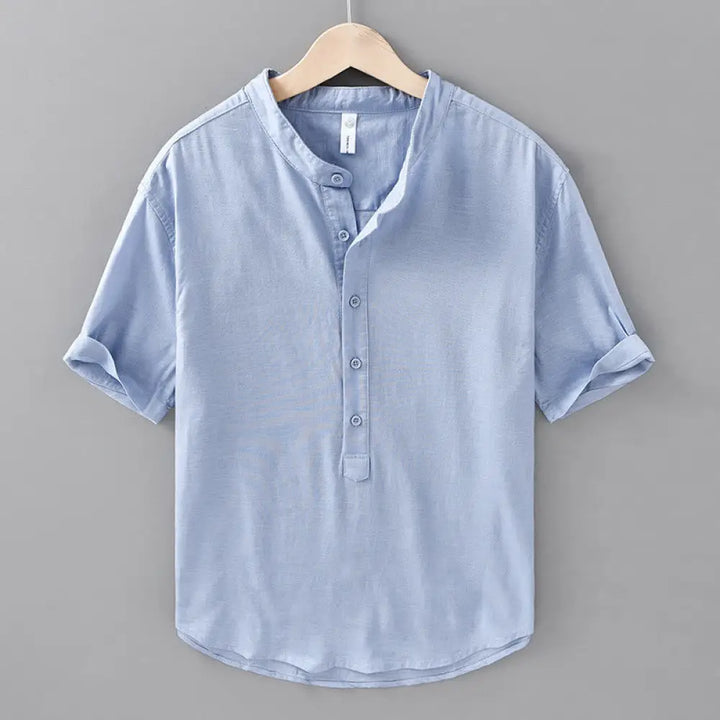 Buddha Stones Summer Solid Color Men’s Half Button Short Sleeve Cotton Linen Shirt - LightSteelBlue / US/UK/AU38，EU48