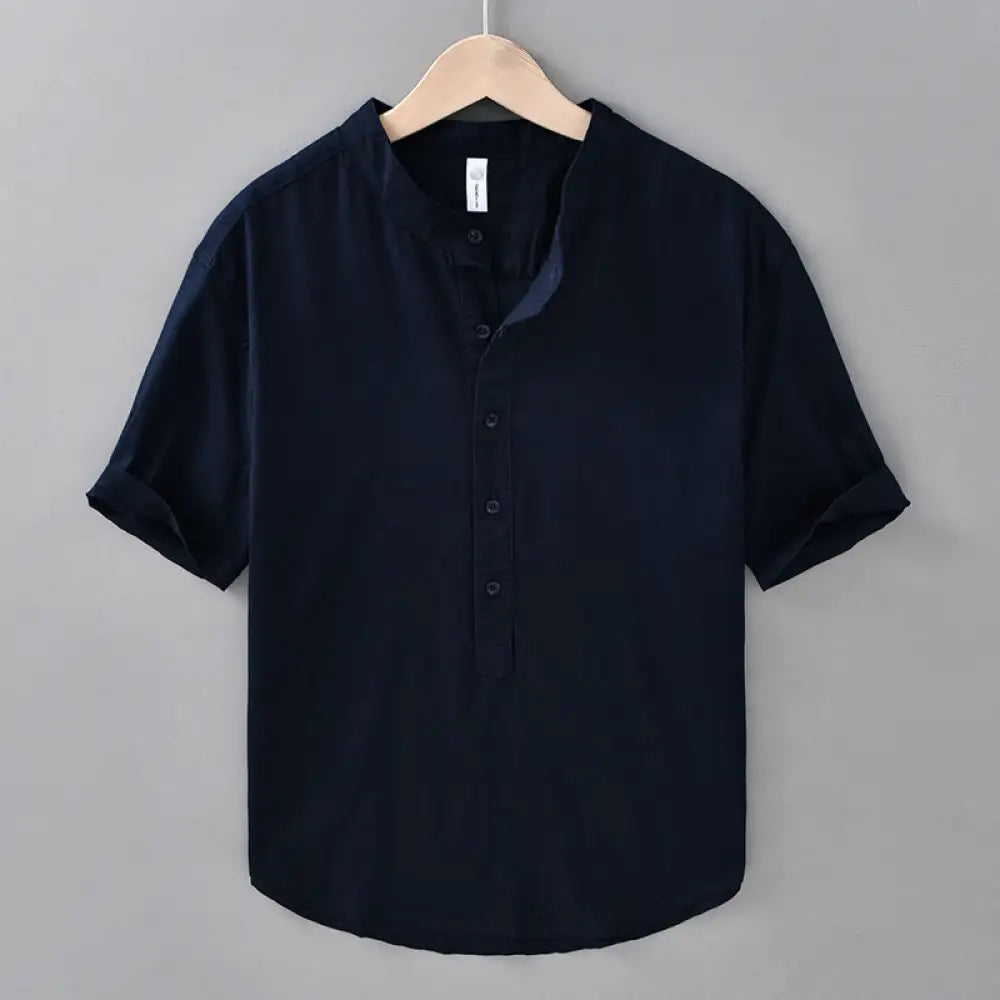 Buddha Stones Summer Solid Color Men’s Half Button Short Sleeve Cotton Linen Shirt - MidnightBlue / US/UK/AU38，EU48