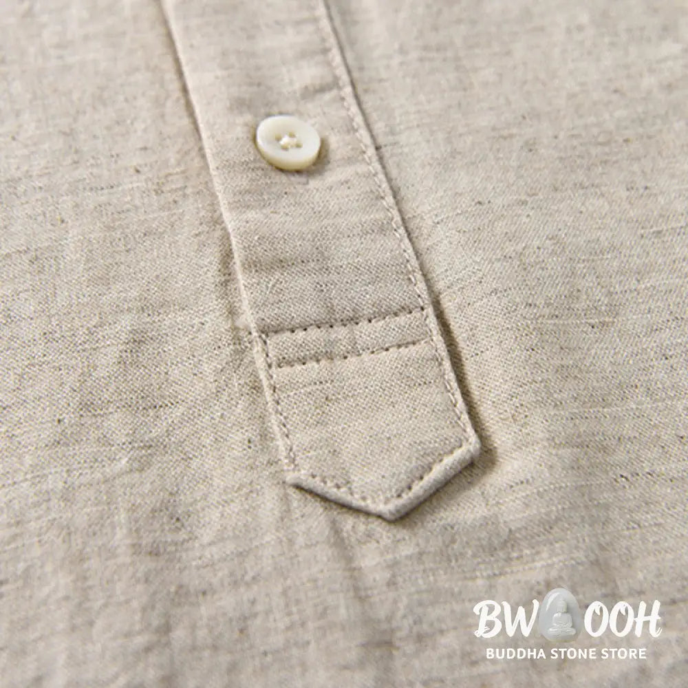 Buddha Stones Summer Solid Color Men’s Half Button Short Sleeve Cotton Linen Shirt - Men’s Shirts