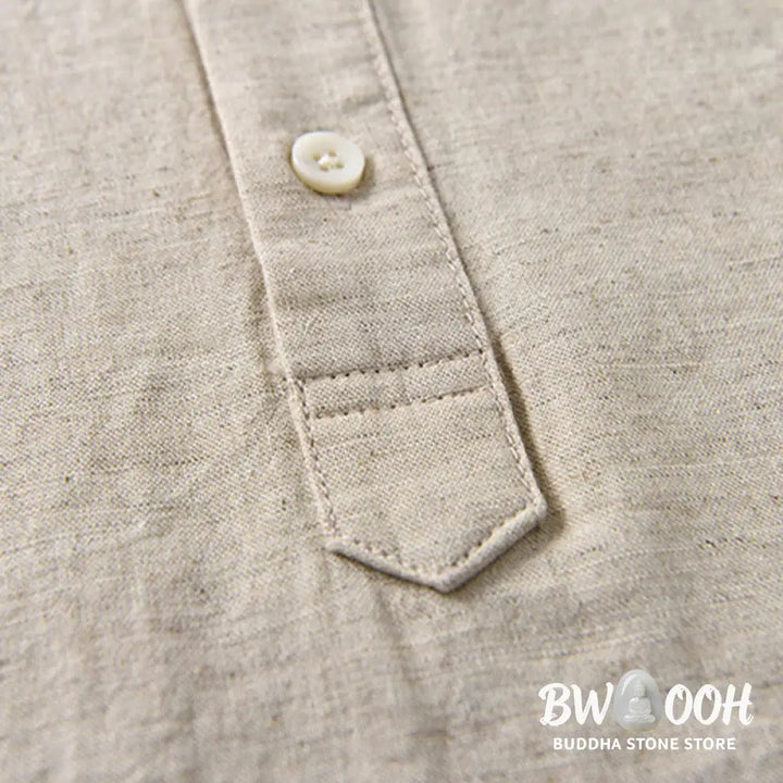 Buddha Stones Summer Solid Color Men’s Half Button Short Sleeve Cotton Linen Shirt - Men’s Shirts